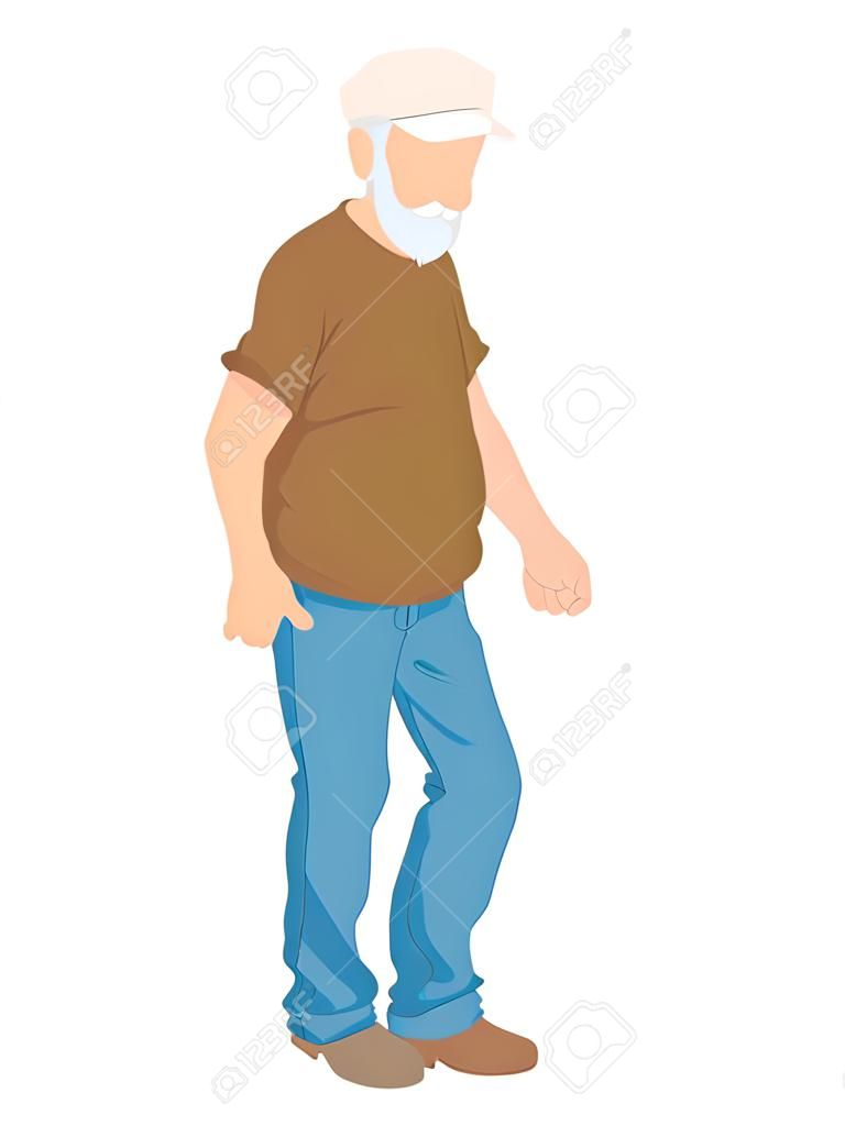 Personaje masculino de edad avanzada caminando, hombre con gorra con peso excesivo, ilustración de vector de dibujos animados de paseo al aire libre, aislado en blanco. Concepto de edad de jubilación, cabello gris y color de barba.