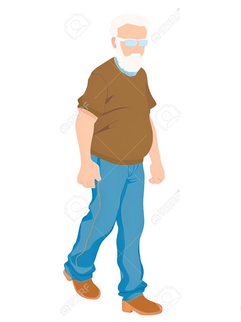 Gehender alter männlicher Charakter, Mann tragen Kappe mit übermäßigem Gewicht, Spaziergangkarikatur-Vektorillustration im Freien, lokalisiert auf Weiß. Konzept Rentenalter, graue Haare und Bartfarbe.
