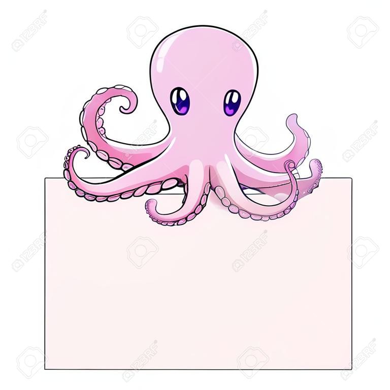 Розовый улыбается мультфильм осьминог держит пустой на белом фоне, векторные иллюстрации