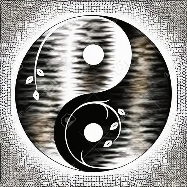 Ozdobny symbol yin yang. Streszczenie yin-yang ikona z gałązek i liści. Ilustracja wektorowa. Stylizowany symbol