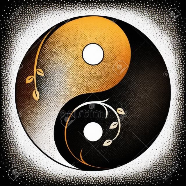 Ozdobny symbol yin yang. Streszczenie yin-yang ikona z gałązek i liści. Ilustracja wektorowa. Stylizowany symbol