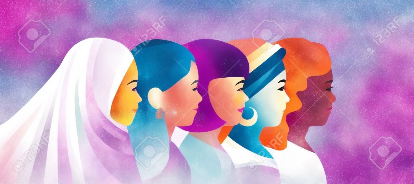 Women of different nationalities, faith and skin color together. Greeting card, banner International Women's Day. Struggle for womens rights and equality. Template poster, flyer. Diverse pretty girls