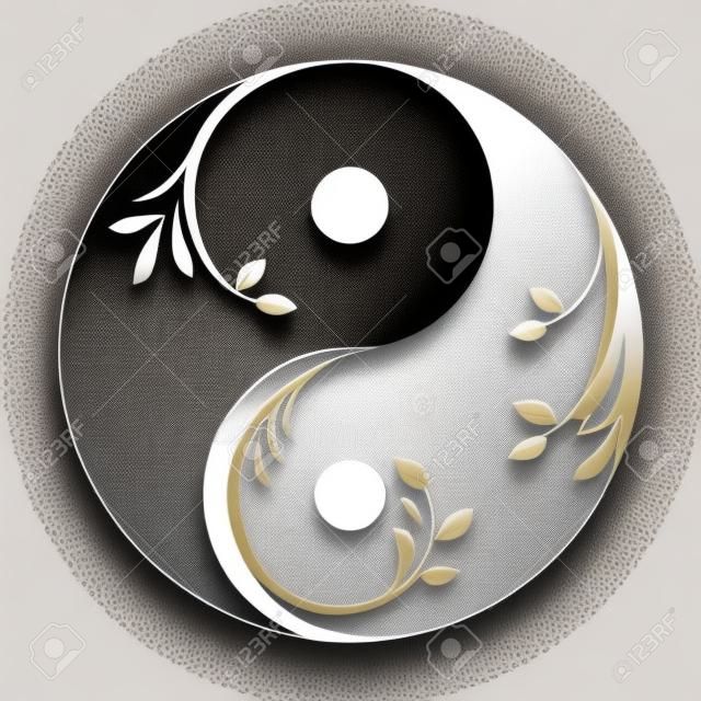 Decoratief yin yang symbool. Abstract yin-yang icoon met sprigs en bladeren. Symbool van eenheid van mannelijk en vrouwelijk. Vector voorraad illustratie. Geïsoleerd element op een witte achtergrond.