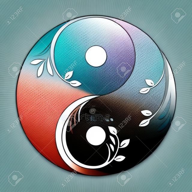 Decoratief yin yang symbool. Abstract yin-yang icoon met sprigs en bladeren. Symbool van eenheid van mannelijk en vrouwelijk. Vector voorraad illustratie. Geïsoleerd element op een witte achtergrond.
