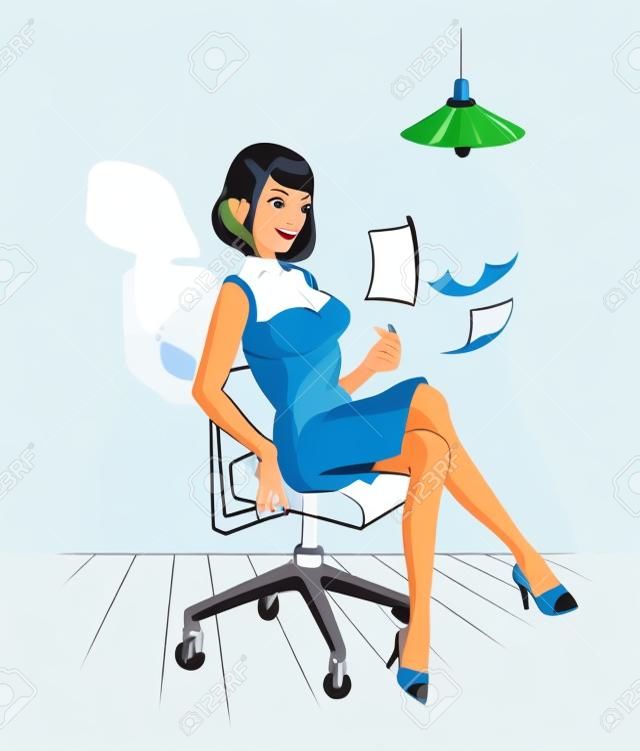 biuro piękna kobieta kreskówka z arkuszami latających papieru