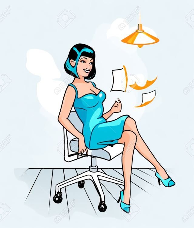 biuro piękna kobieta kreskówka z arkuszami latających papieru
