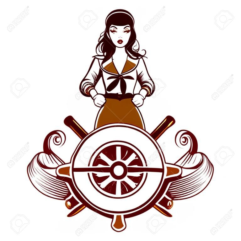 cartoon woman sailor   vector emblem
