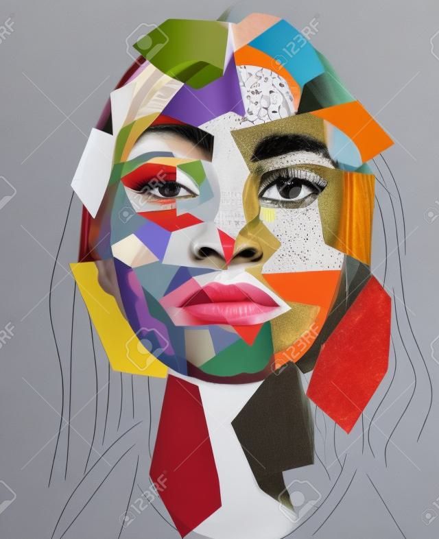Contemporary art collage. Modern design. Female face made from different face parts of women of various races. Concept of beauty standards, multi ethnicity, friendship, diversity, human rights