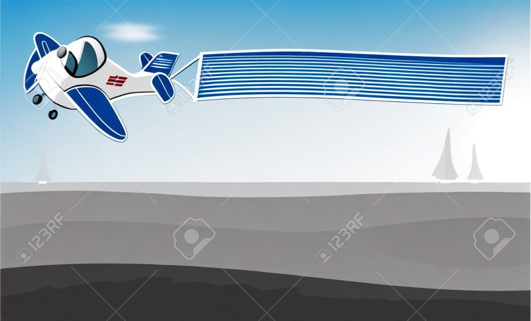 Vector illustration depicting an airplane moving in the sky a white banner.