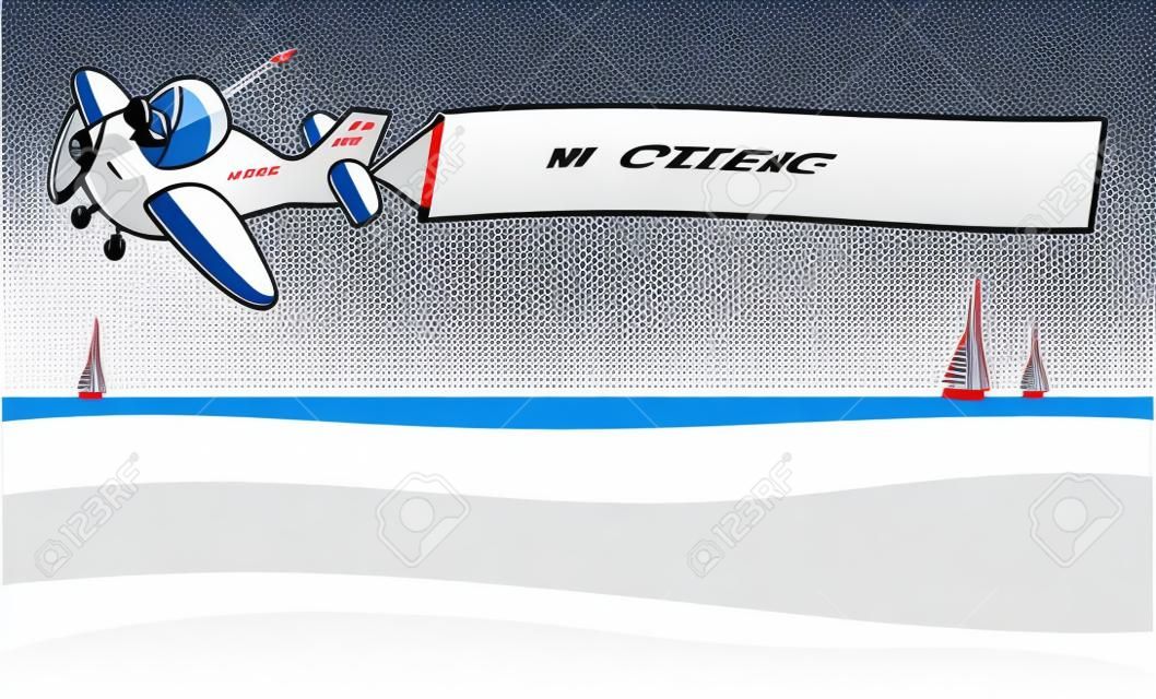 Vector illustration depicting an airplane moving in the sky a white banner.