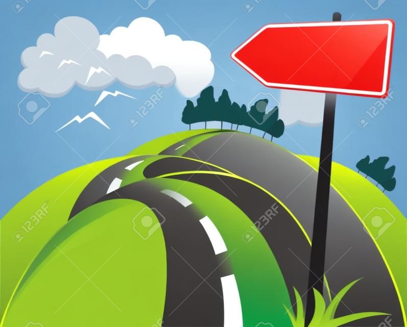 Hilly road with sign, vector
