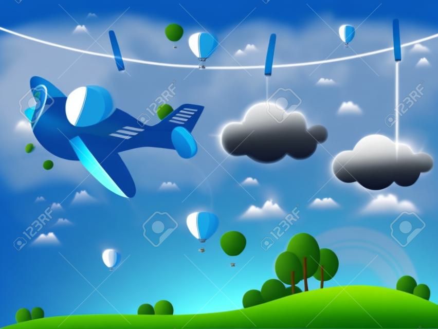 Paisagem da fantasia com nuvens penduradas e avião. Ilustração vetorial eps10