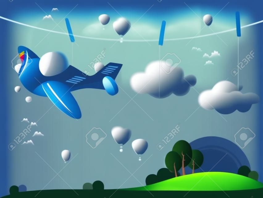 Paisagem da fantasia com nuvens penduradas e avião. Ilustração vetorial eps10