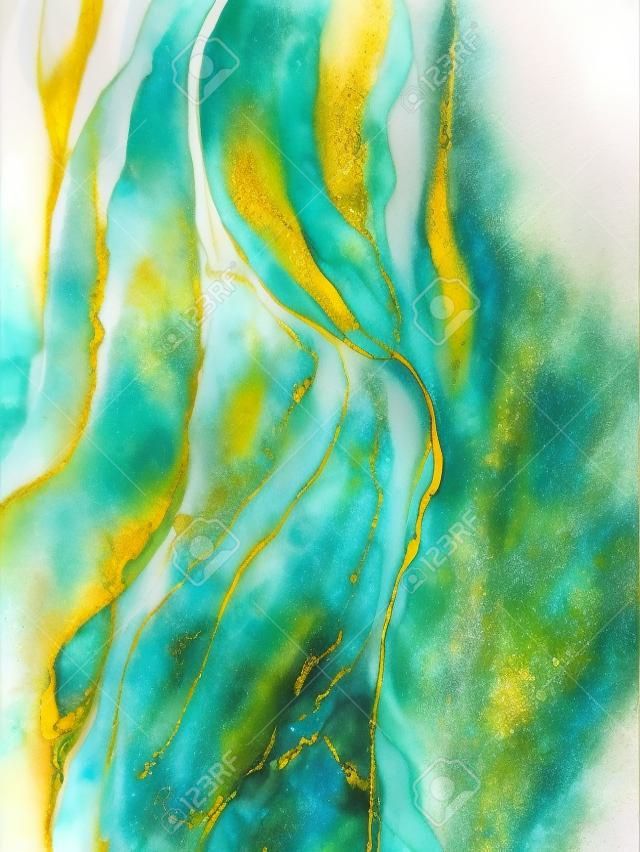 Fundo azul-verde abstrato com ouro, manchas bonitas e manchas feitas com tinta de álcool e pigmento metálico. Fragmento da arte com textura turquesa se assemelha ao mar, aquarela ou aquarelle.