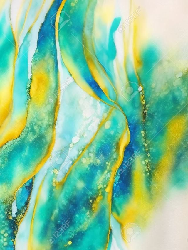 Fundo azul-verde abstrato com ouro, manchas bonitas e manchas feitas com tinta de álcool e pigmento metálico. Fragmento da arte com textura turquesa se assemelha ao mar, aquarela ou aquarelle.