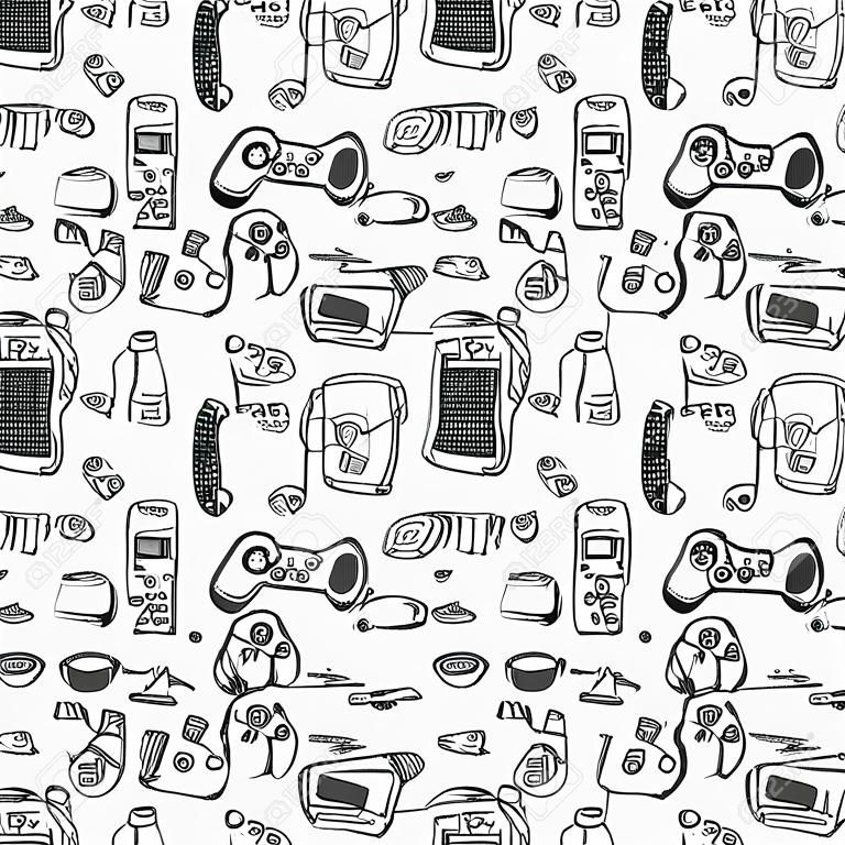 Hand drawn gamer seamless pattern with doodle elements on white background. Gamer gadgets wallpaper