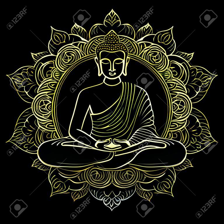 Buddha sitting in lotus position on floral round background. Sign for textile print, mascots and amulets. Gold symbol on black