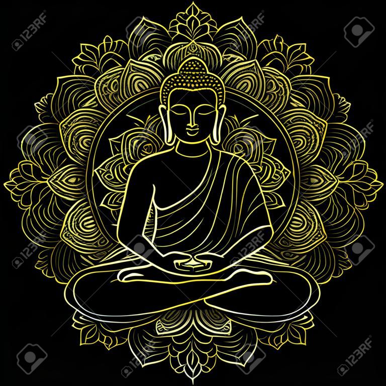 Buda sentado en posición de loto en el fondo redondo floral. Muestra para la impresión textil, mascotas y amuletos. Símbolo del oro en negro