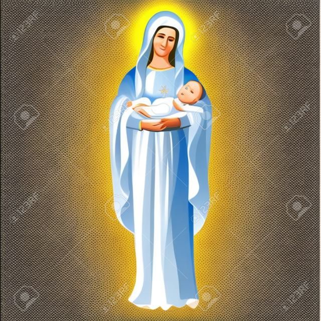 Святая дева Мария с младенцем Иисусом Христом. Рождественский векторный узор, текстильная печать, раскраска.