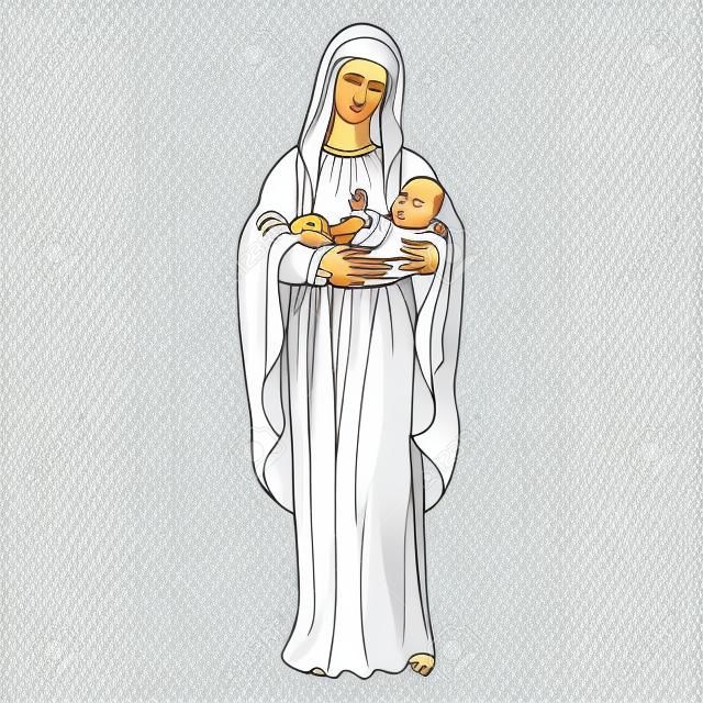 Szent szűz Mária, aki Jézus Krisztus babát tartja. Karácsonyi vektor mintázat, textil nyomtatás, színező oldal.