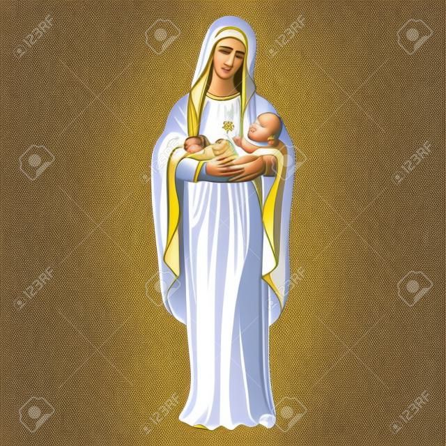 Santa Vergine Maria che tiene in braccio Gesù Cristo. Reticolo di vettore di Natale, stampa tessile, pagina da colorare.