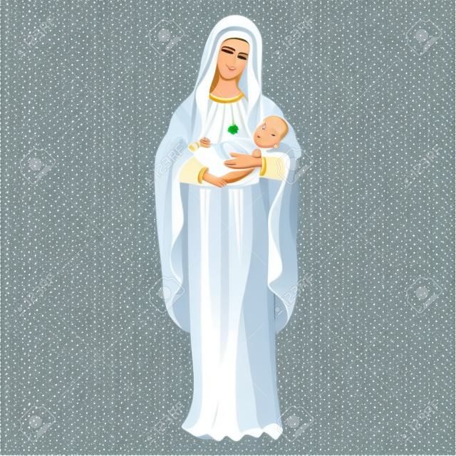 Święta Dziewica Maryja trzymająca małego Jezusa Chrystusa. Boże Narodzenie wektor wzór, druk tekstylny, kolorowanki.