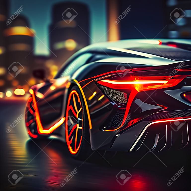 Modern car on the road in the city at night. 3d rendering