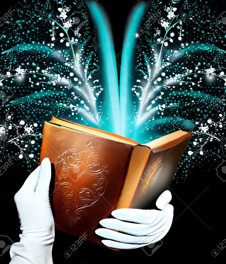 Магия книги в кожаном переплете провел руками в белых перчатках
