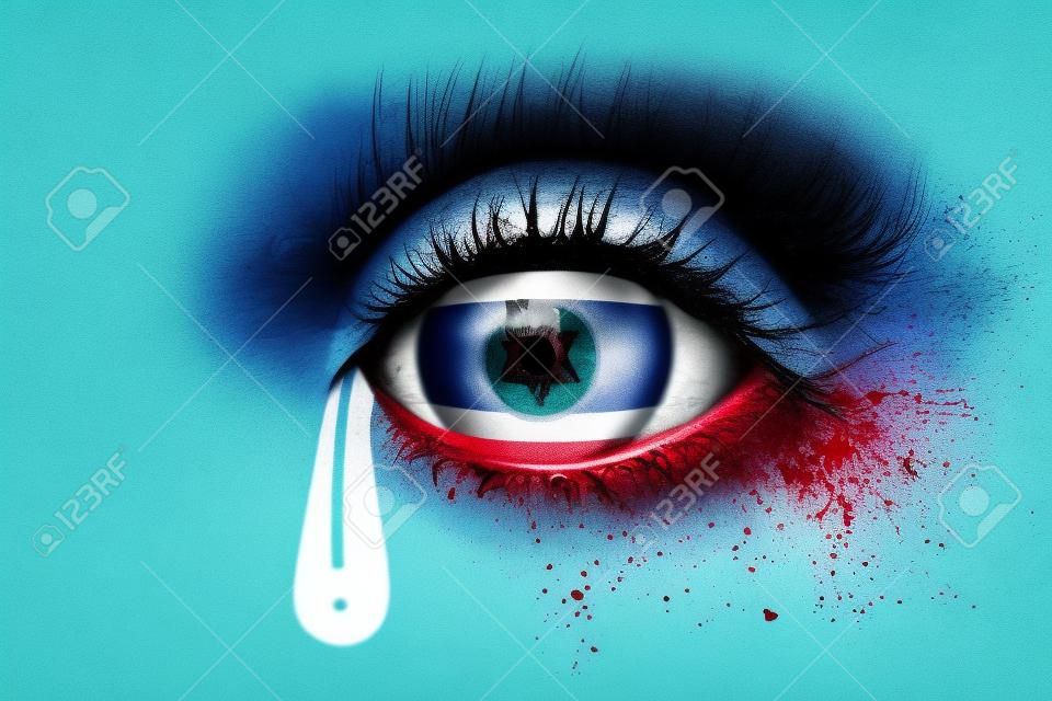 human's eye with national flag of israel with bloody tears. concept