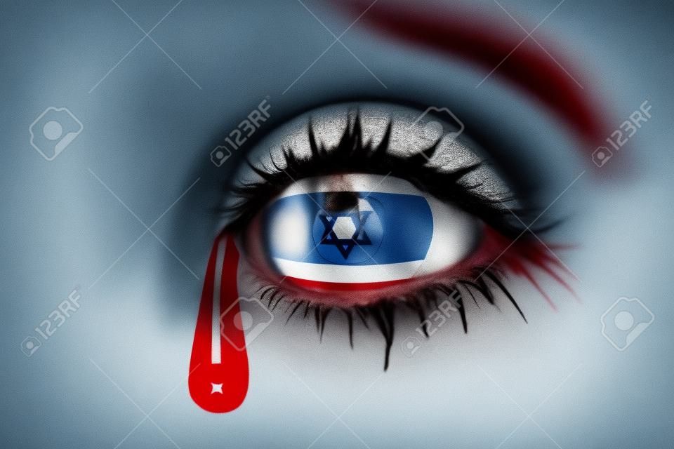 olho humano com bandeira nacional de Israel com lágrimas sangrentas. conceito