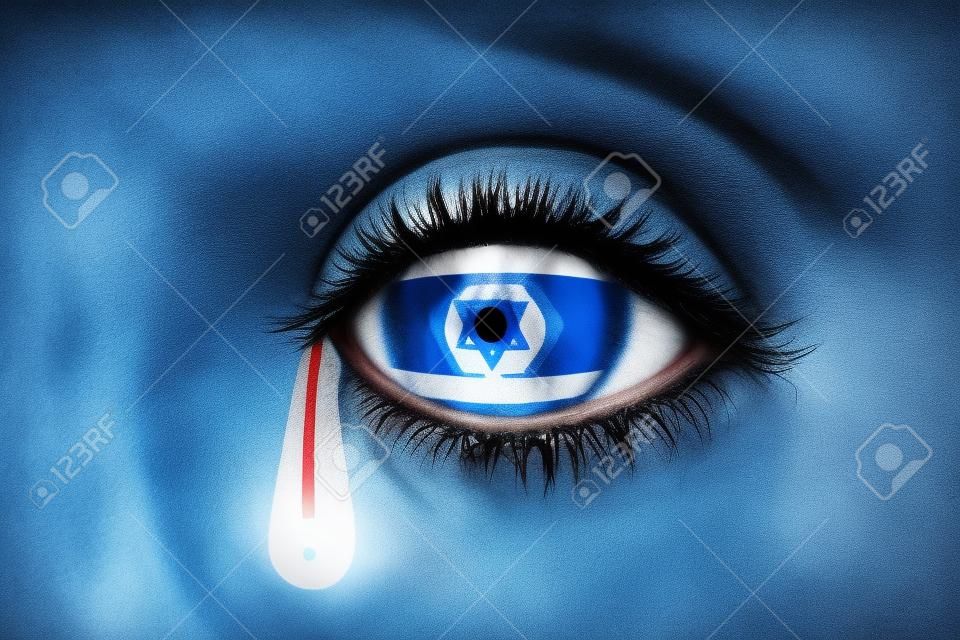 human's eye with national flag of israel with bloody tears. concept