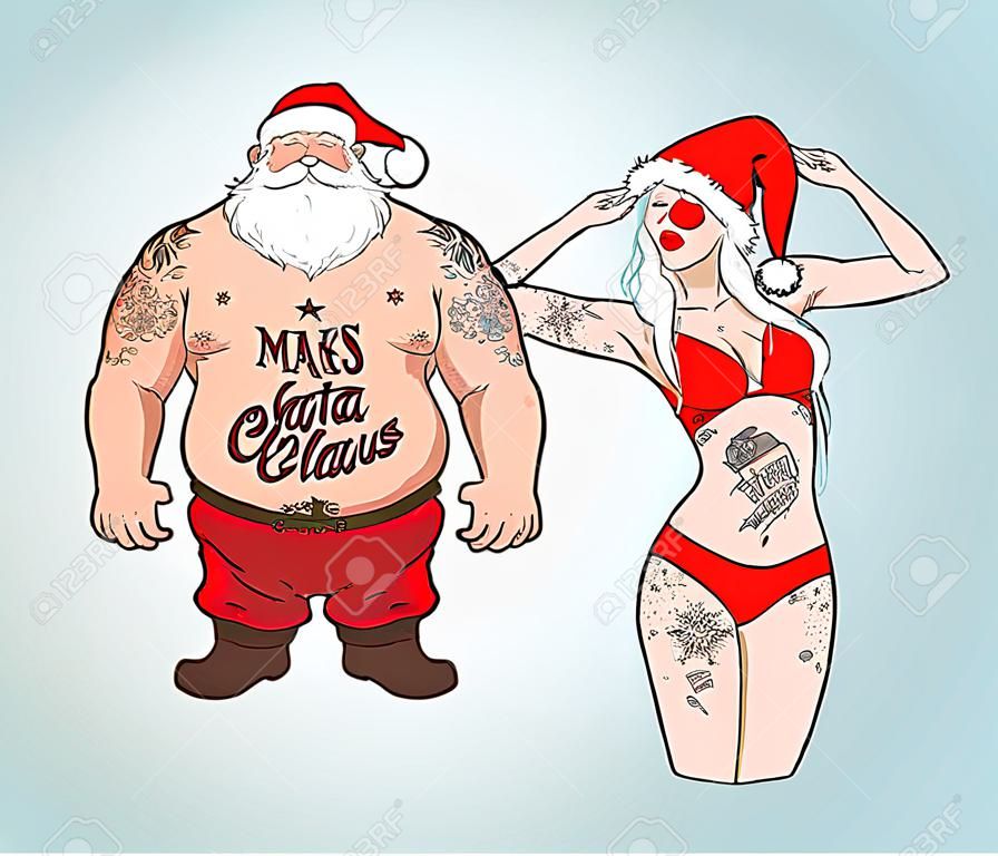 Illustrazione divertente cartone animato di Babbo Natale possente torace con tatuaggi di Natale con auguri. Salone tatuaggio