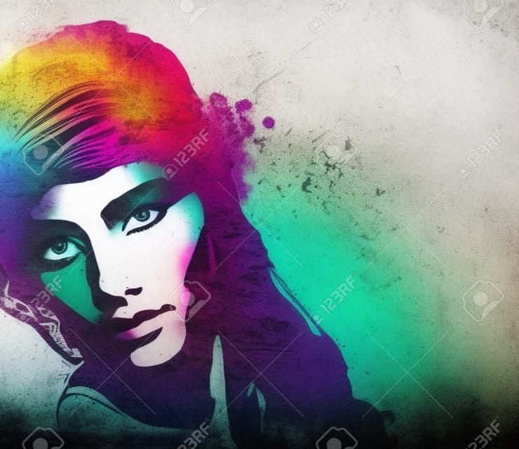 graffiti fashion illustration of a beautiful woman with long hair on wall texture with grunge effect