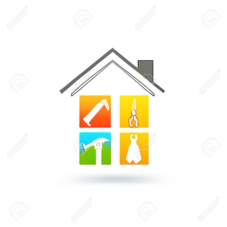 Koncepcja naprawy domu z narzędzi pracy. Strona główna renowacji i ulepszenia logo w kolorowy wzór.