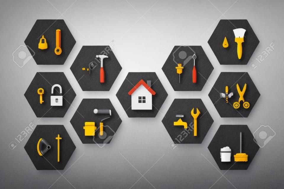 Facilities management concept with building and working tools. Extensive icon set and illustration.