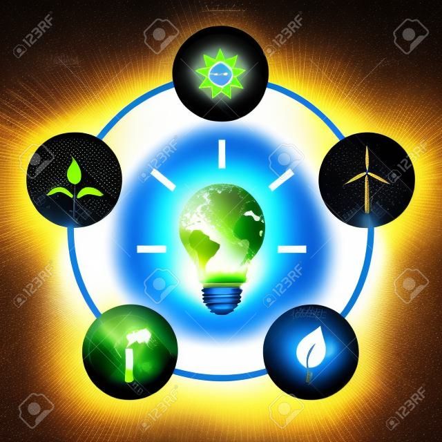 Hernieuwbare energie en elektriciteit concept met gloeilamp gemaakt van de aarde. Zonne-energie, wind, waterkracht, biomassa en geothermische energie.