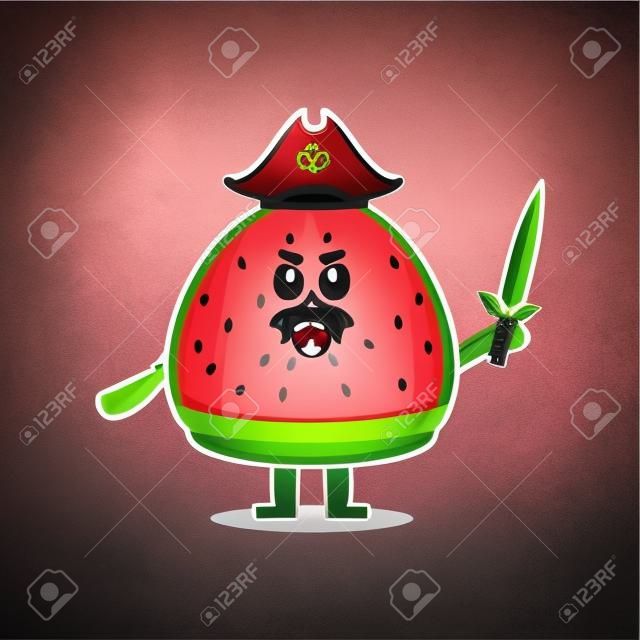 Cute cartoon mascot character watermelon pirate with hat and holding sword in modern design