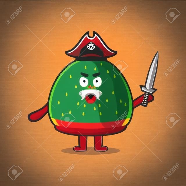 Cute cartoon mascot character watermelon pirate with hat and holding sword in modern design
