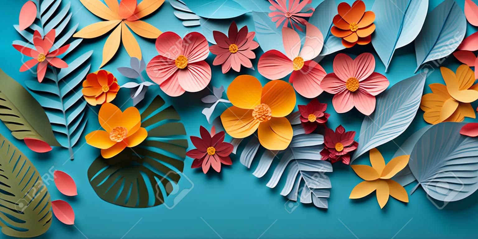 Colorful paper flowers and leaves, flat lay artistry. AI generative.