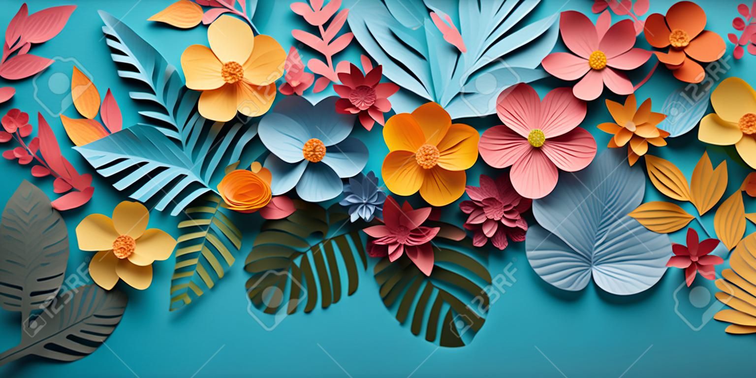 Colorful paper flowers and leaves, flat lay artistry. AI generative.