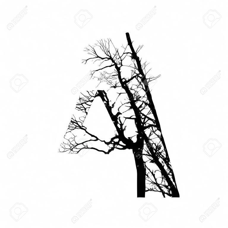 Письмо двойная экспозиция с черными деревьями, изолированных на белом background.Vector illustration.Black и белых двойных чисел Silhuette воздействия в сочетании с фотографией nature.Letters алфавита