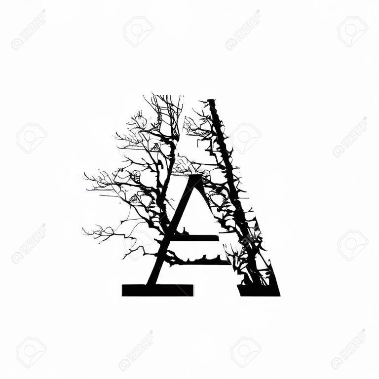 Письмо двойная экспозиция с черными деревьями, изолированных на белом background.Vector illustration.Black и белых двойных чисел Silhuette воздействия в сочетании с фотографией nature.Letters алфавита