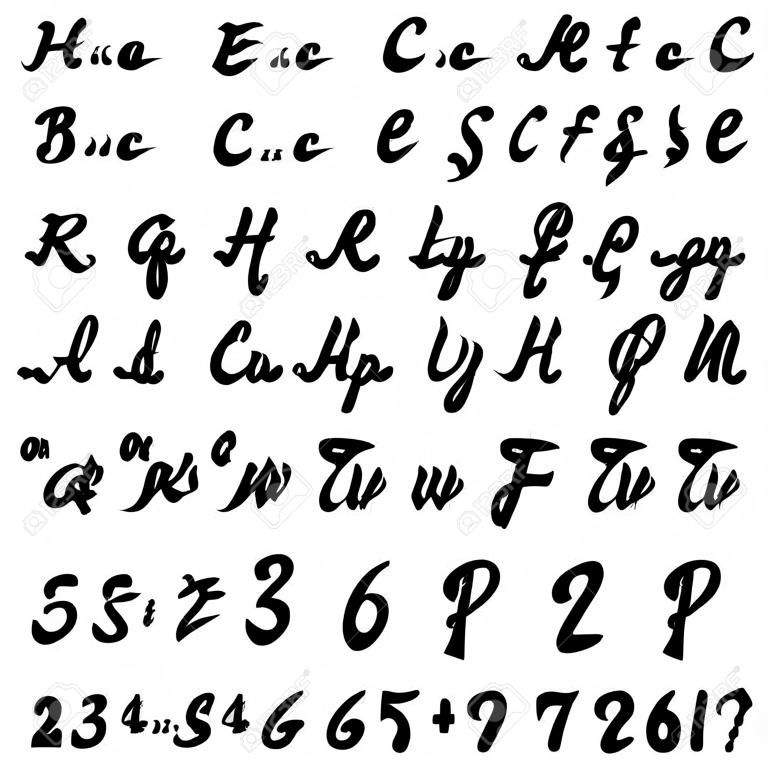 Vektor echte Hand kalligraphische Alphabet, Groß-und Kleinbuchstaben, Ziffern