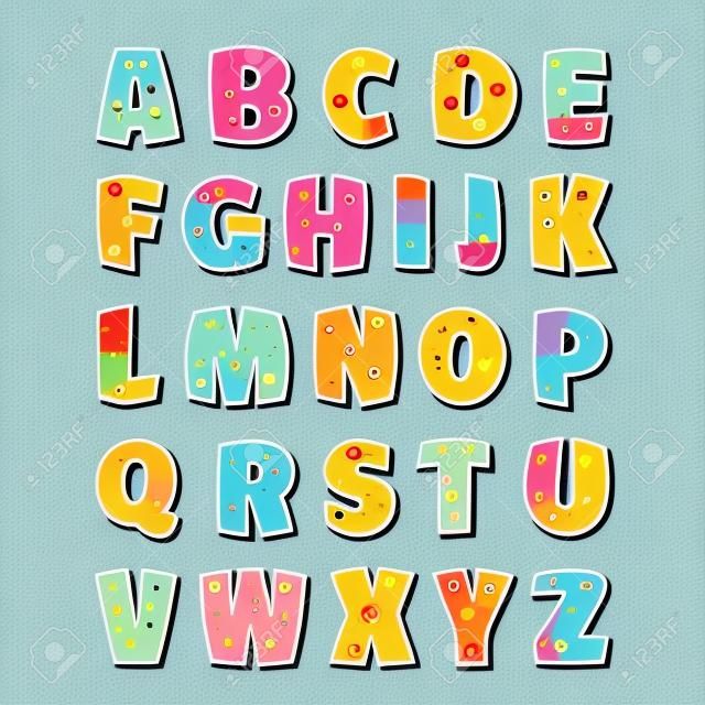 Alfabeto infantile divertente carino. Illustrazione vettoriale di caratteri