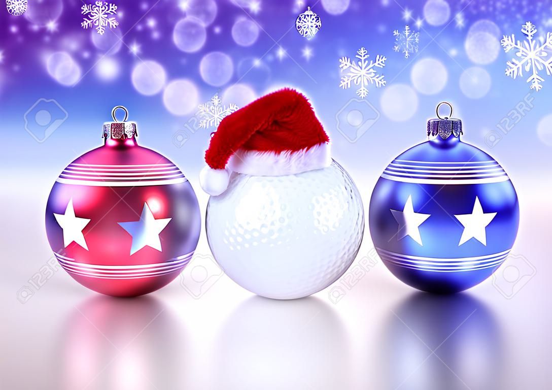 рождественские шары и мяч для гольфа с красной шляпе Санта на фоне боке - 3D-рендеринг