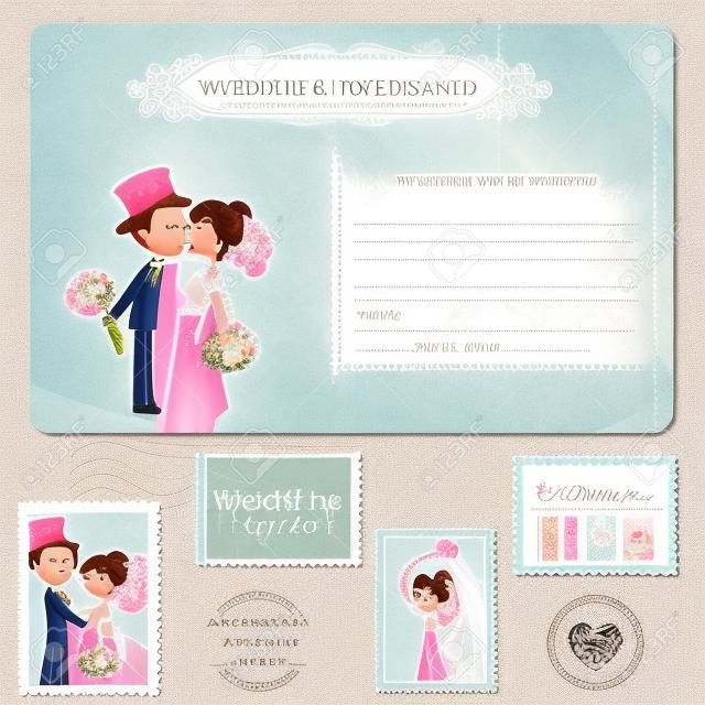 Postal de la boda y los sellos - para el diseño de la boda, invitaciones, felicitaciones, álbum de recortes
