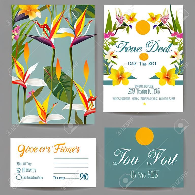 초대 또는 인사말 카드 세트 - 열 대 꽃 디자인 - 벡터