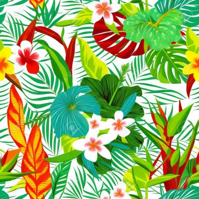 Trópusi virágok és levelek háttér - szüret zökkenőmentes minta - vektor