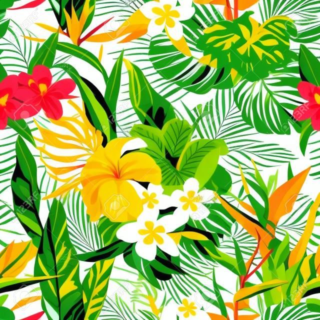 Trópusi virágok és levelek háttér - szüret zökkenőmentes minta - vektor
