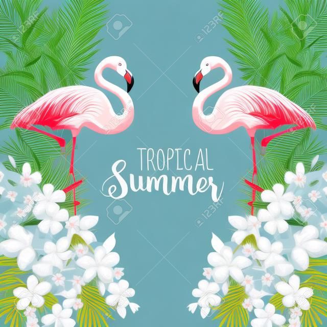 Flores tropicais. Pássaro Flamingo. Fundo Tropical. Vetor tropical. Fundo floral. Fundo de verão. Design de camiseta.